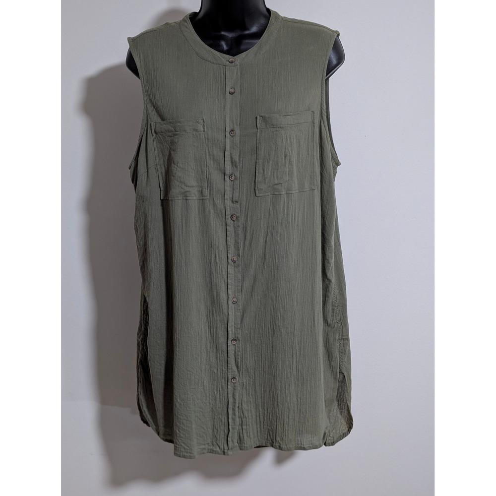 Merona Cotton Sleeveless Button Down Tunic Top with Pockets Olive Green XL